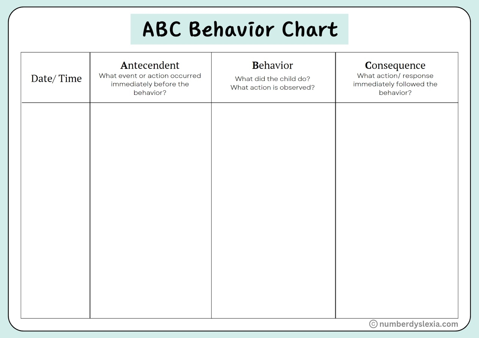Abc Behaviour Chart Printable Printable Free Templates