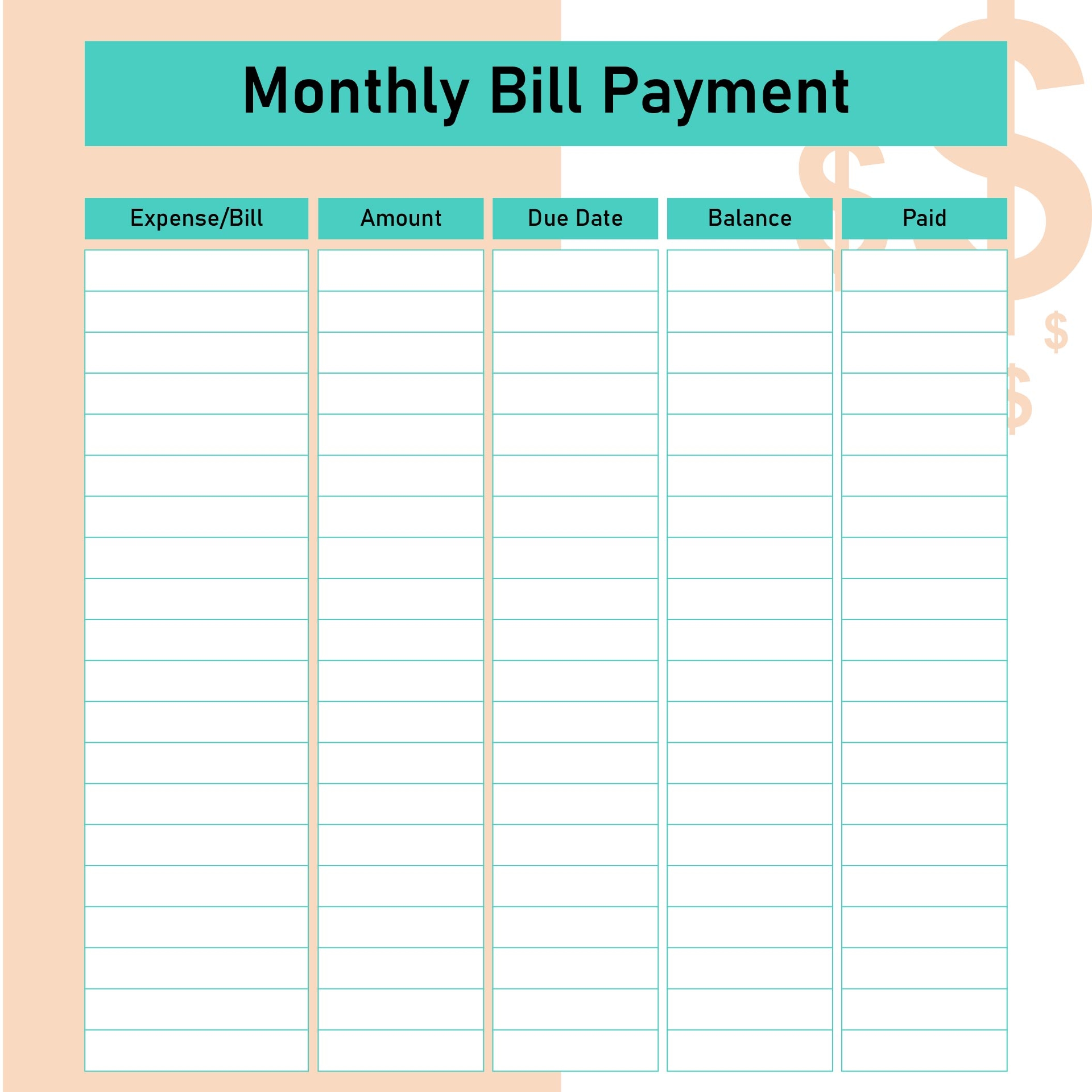 Bill Payment Chart 10 Free PDF Printables Printablee