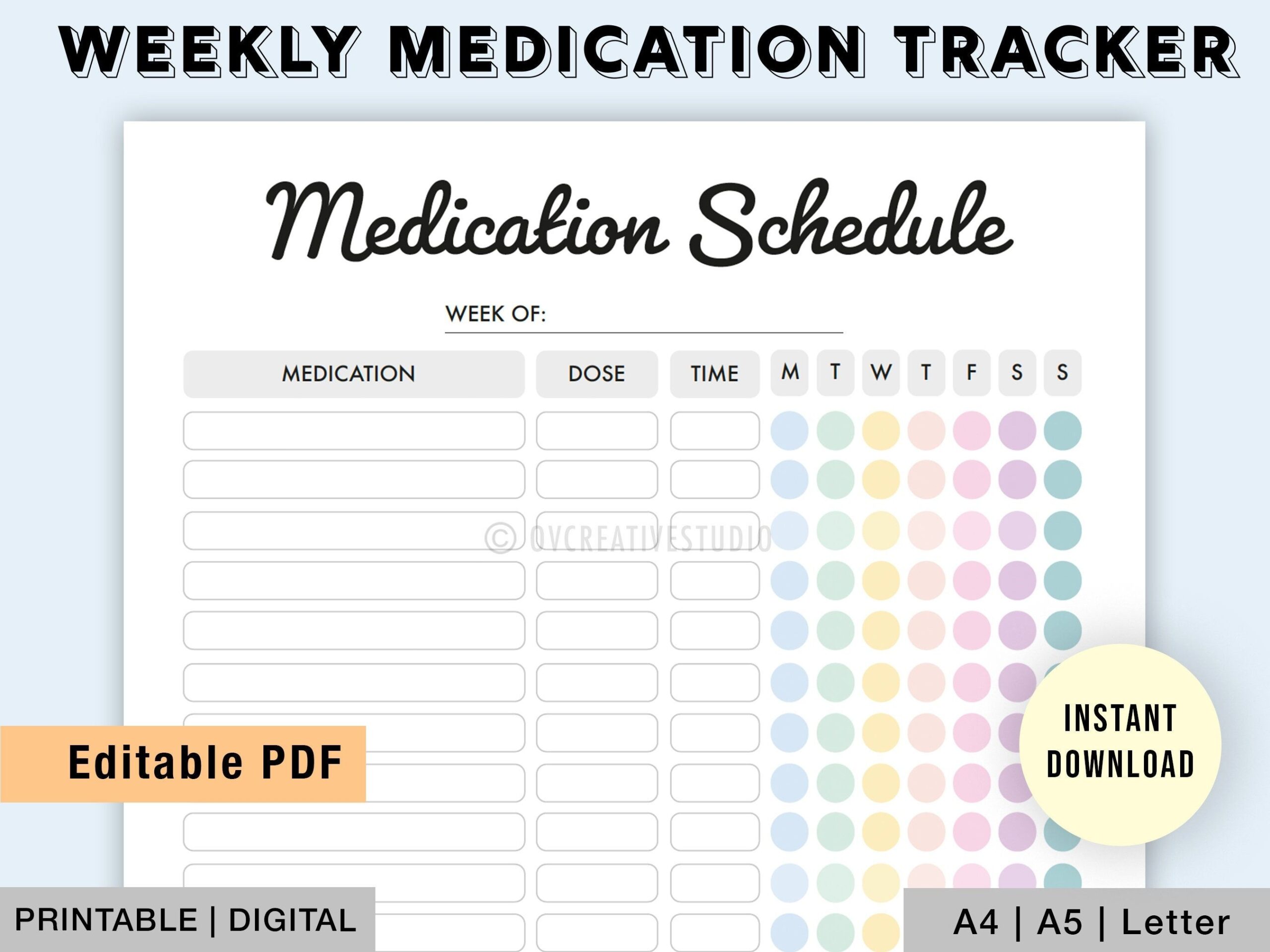 Editable Medication Schedule Printable Medicine Intake Tracker Weekly 