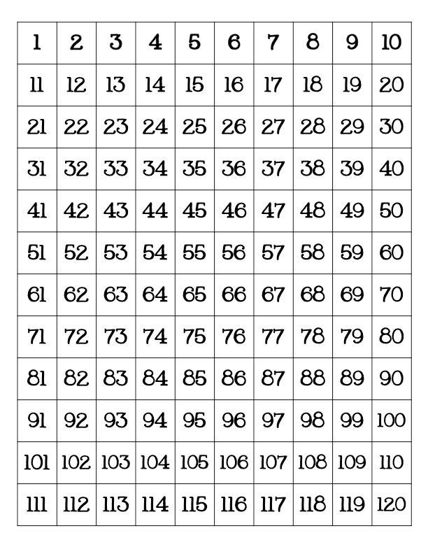 Free Printable 120 Number Chart Printable Printable Word Searches