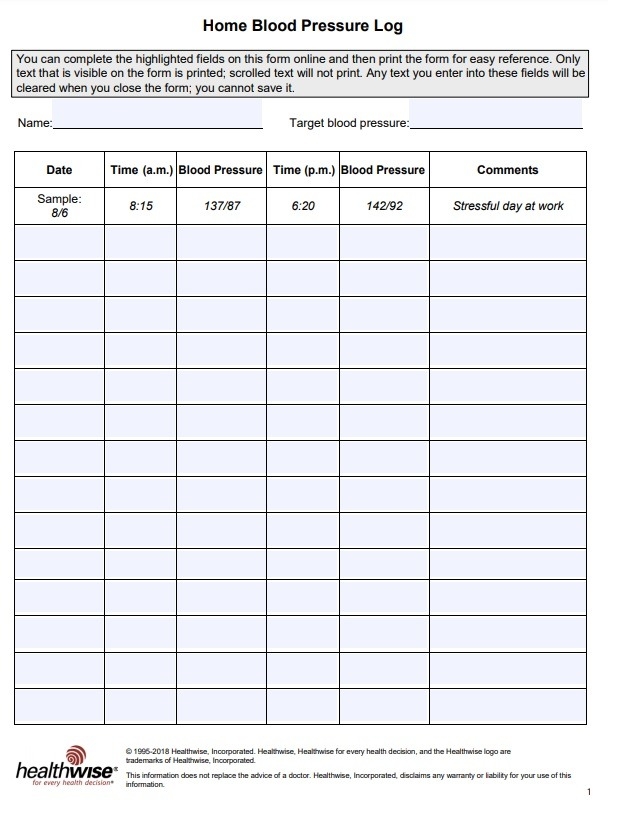 Free Printable Blood Pressure Monitoring Chart Teabda