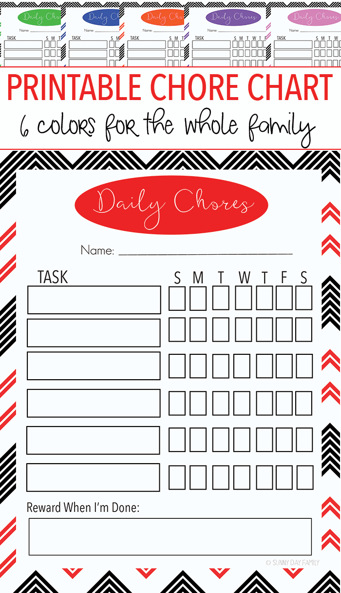 Free Printable Family Chore Chart Set With 6 Colors Sunny Day Family