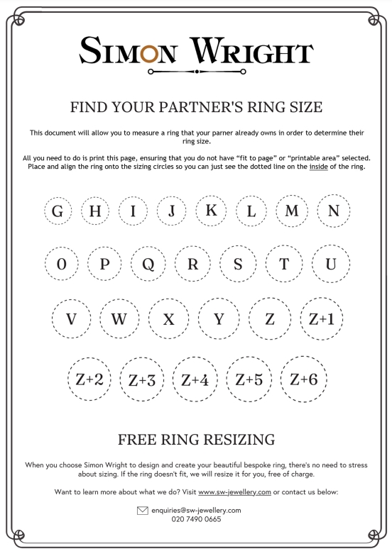 Free Printable Ring Size Chart UK By Simon Wright Jewellery 