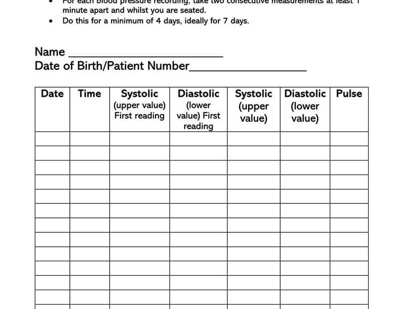 Printable Home Blood Pressure Monitoring Chart Sageper