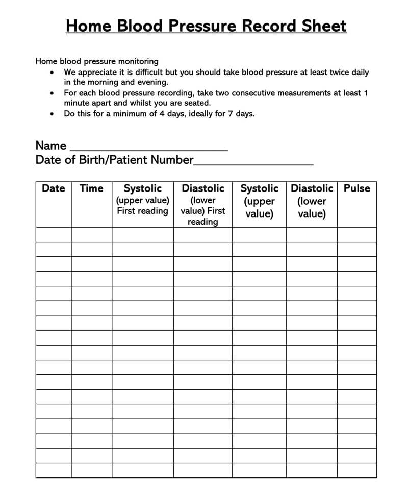Printable Home Blood Pressure Monitoring Chart Sageper