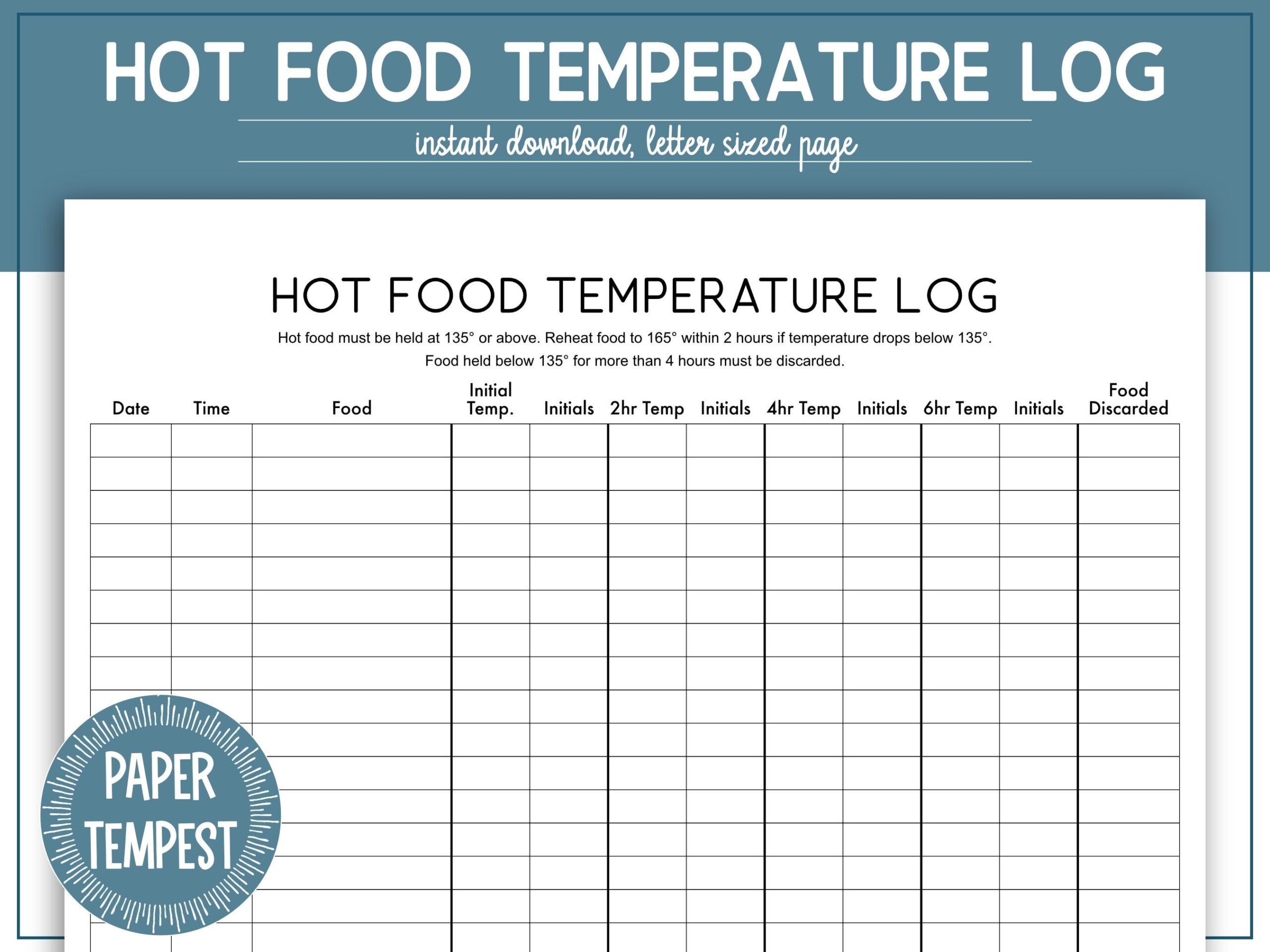 Printable Hot Food Temperature Log Hot Food Holding Temperature Chart 