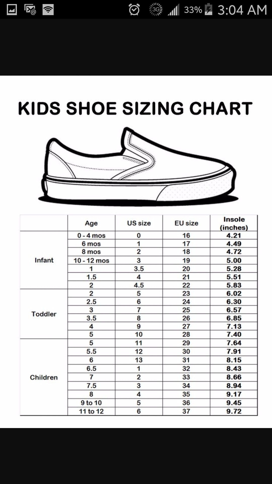 Printable Kids Shoe Size Chart