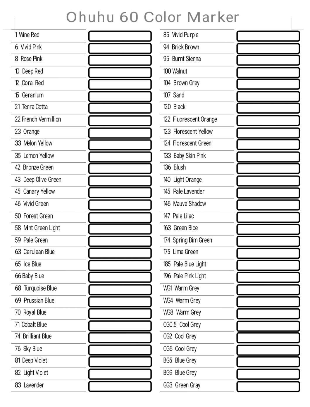 Printable Ohuhu Marker Color Chart Blank Printable New Year Banners