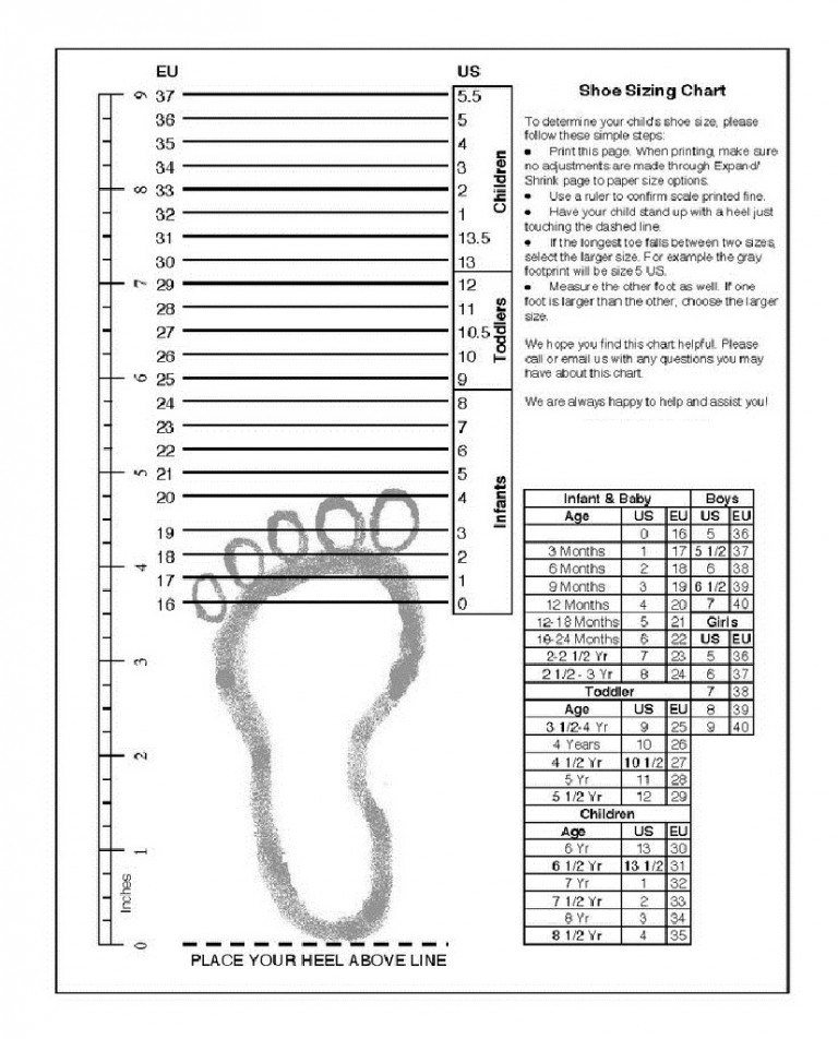 Printable Shoe Size Chart Activity Shelter