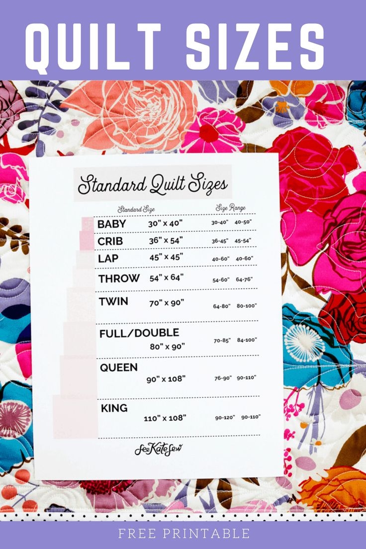 Standard Quilt Sizes Chart And Printable Quilt Size Charts Quilt 