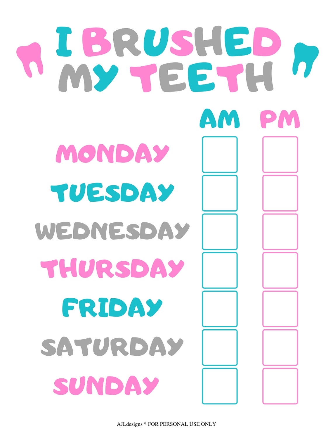 Tooth Brushing Chart Printable INSTANT DOWNLOAD Etsy